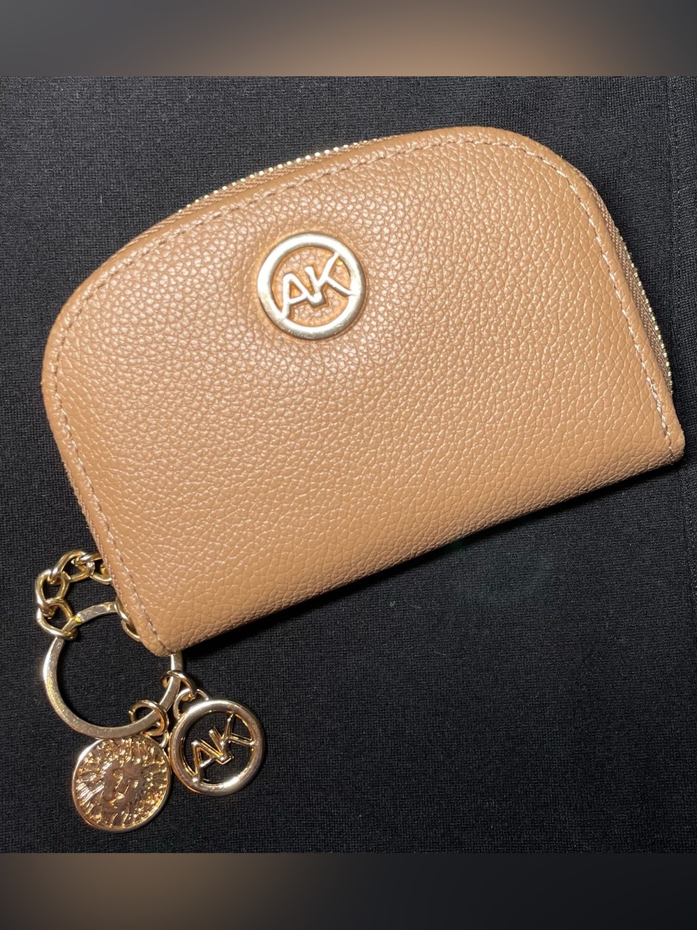 Michael Kors Tan Pebbled Leather Zip Coin Pouch with Gold Logo Charms